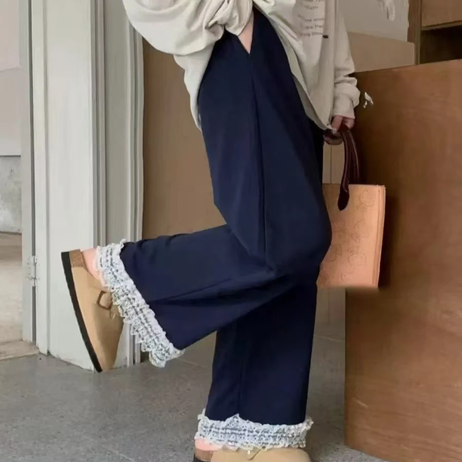 蕾丝花边拼接松紧腰休闲裤显瘦阔腿裤高腰时尚百搭春季外穿宽松
