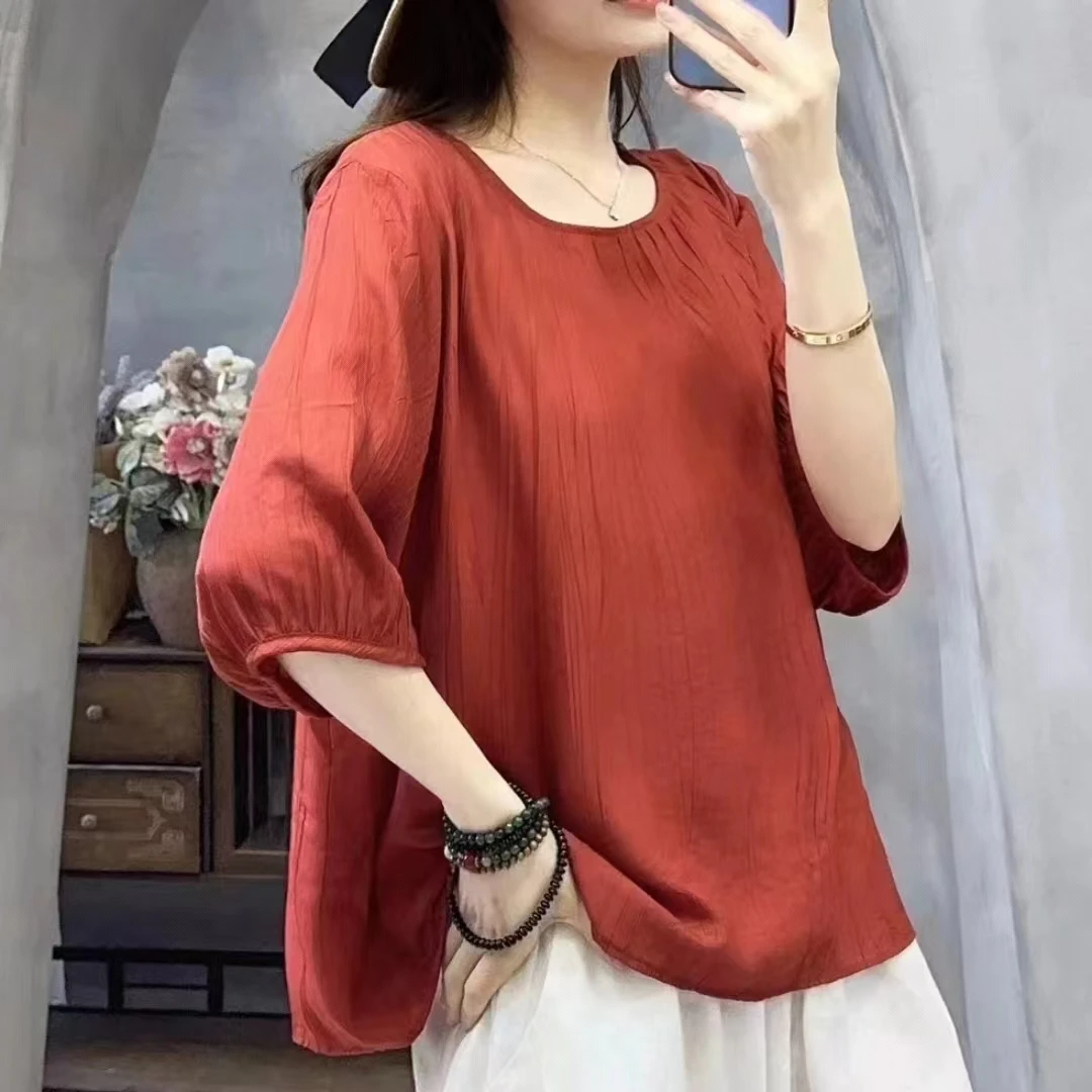 夏季宽松舒适纯色女士上衣T恤休闲显瘦百搭气质妈妈装短袖