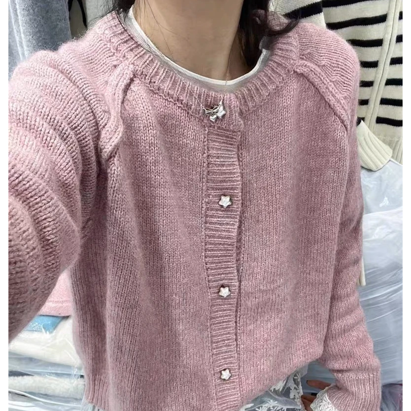 星星扣/韩式圆领小众粉色开衫