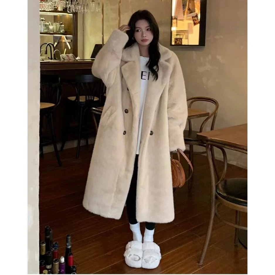 2023秋冬百搭外套加厚长款西服领毛毛外套大衣