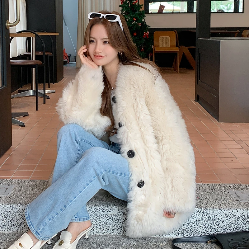 托斯卡纳卷毛羊皮毛一体外套女圆领中长款时尚冬款皮草大衣3087