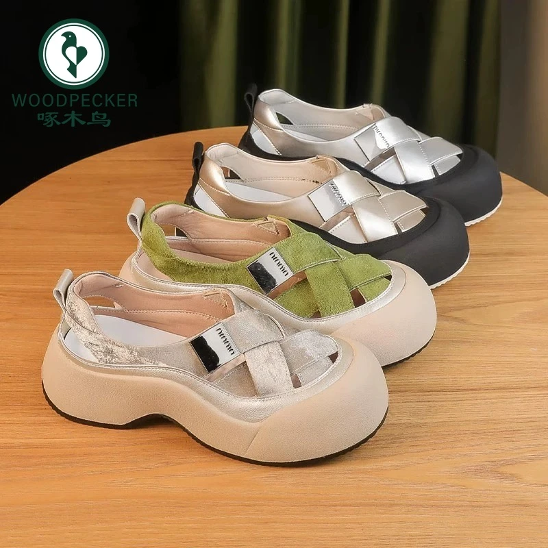 啄木鸟镂空罗马增高凉鞋女2024夏季新款厚底编织猪笼透气单鞋爆款