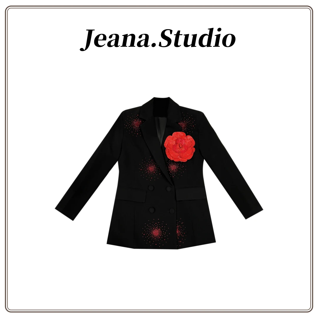 【Jeana.Studio】高级定制轻奢烫钻红色手工大胸花西装西服