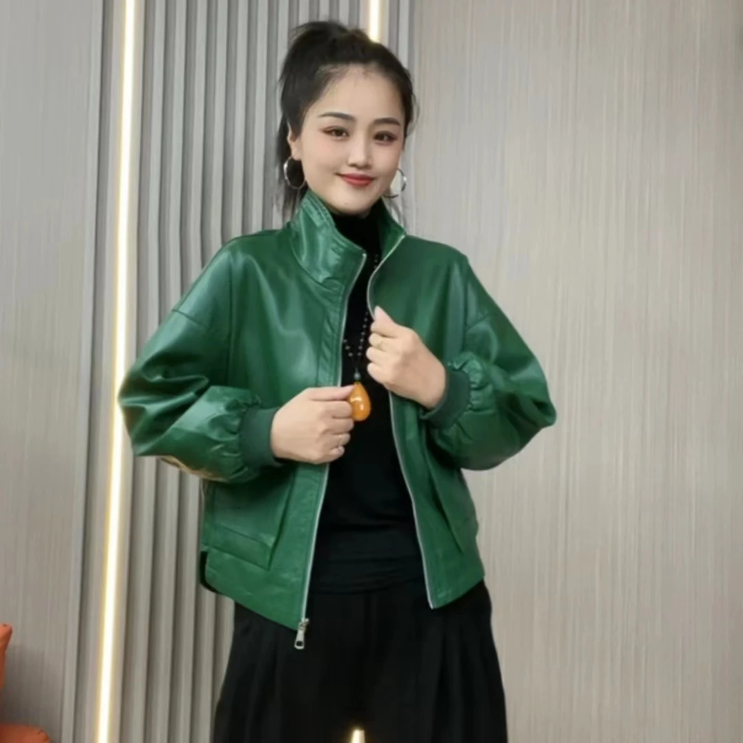 喜沐2023秋季新款气质时尚大口袋女士立领皮衣休闲百搭宽松显瘦