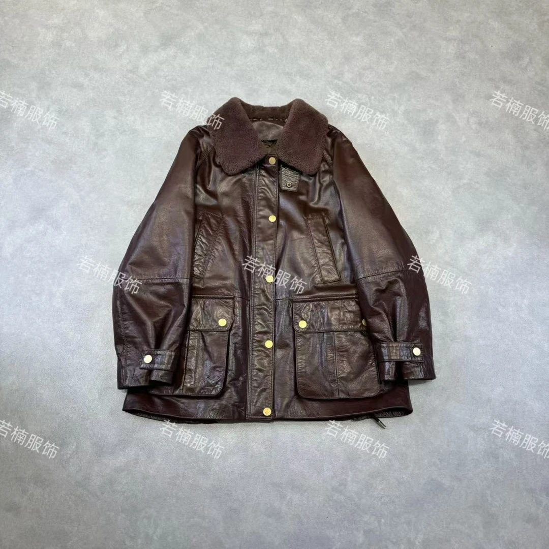 【若楠服饰】大气宽松款棕色长款皮衣女装外套