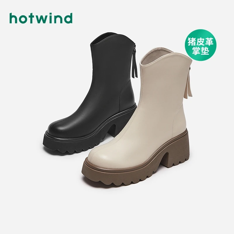 热风2024年新款女士休闲靴深V型圆头弹力厚底瘦瘦靴H82W3811