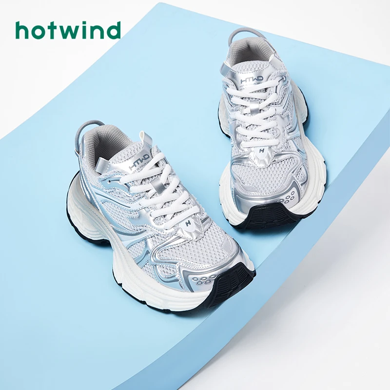 热风2024年秋季厚底增高老爹鞋女银色休闲鞋透气运动女鞋H42W4709