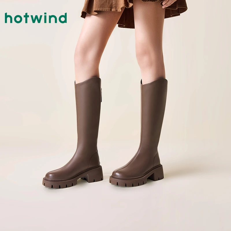 热风2023年冬季新款女士时尚舒适厚底骑士长筒百搭休闲靴H85W3401