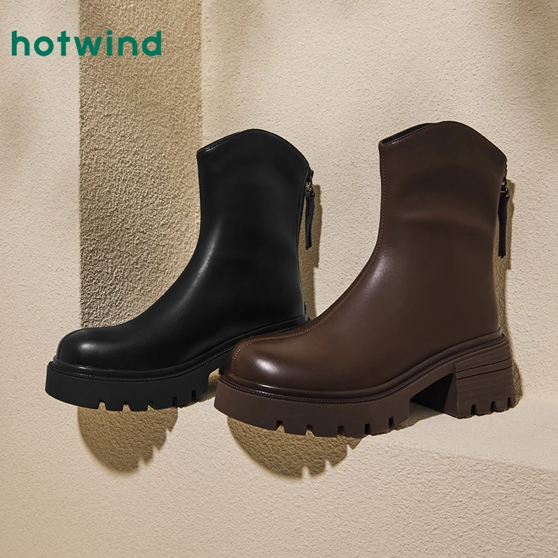 热风2024秋冬新款休闲雅丹风气质通勤百搭短靴瘦瘦靴H82W4803