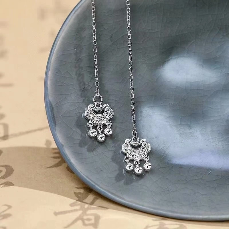 足银耳饰 足银990平安锁耳线简约个性百搭款