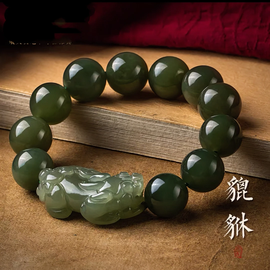 宛百福天然保真和田玉湖水绿貔貅手串男女款招财手链玉石珠串手饰