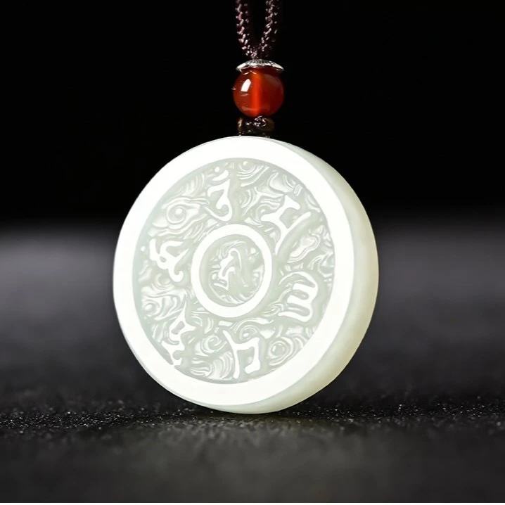 天然和田玉白玉六字箴言平安扣吊坠男女玉石项链大明咒玉佩挂件