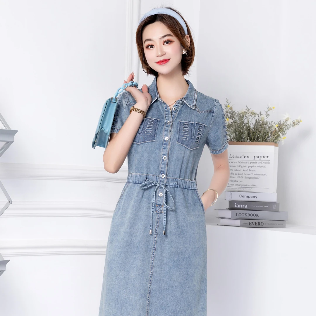 F32629夏季2023新款时尚休闲韩版气质单排纽扣系带纯色牛仔裙