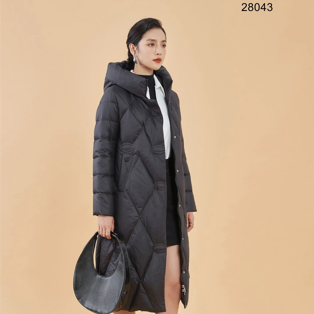 F28043长款女士气质连帽休闲90羽绒服女冬季时尚保暖百搭过膝