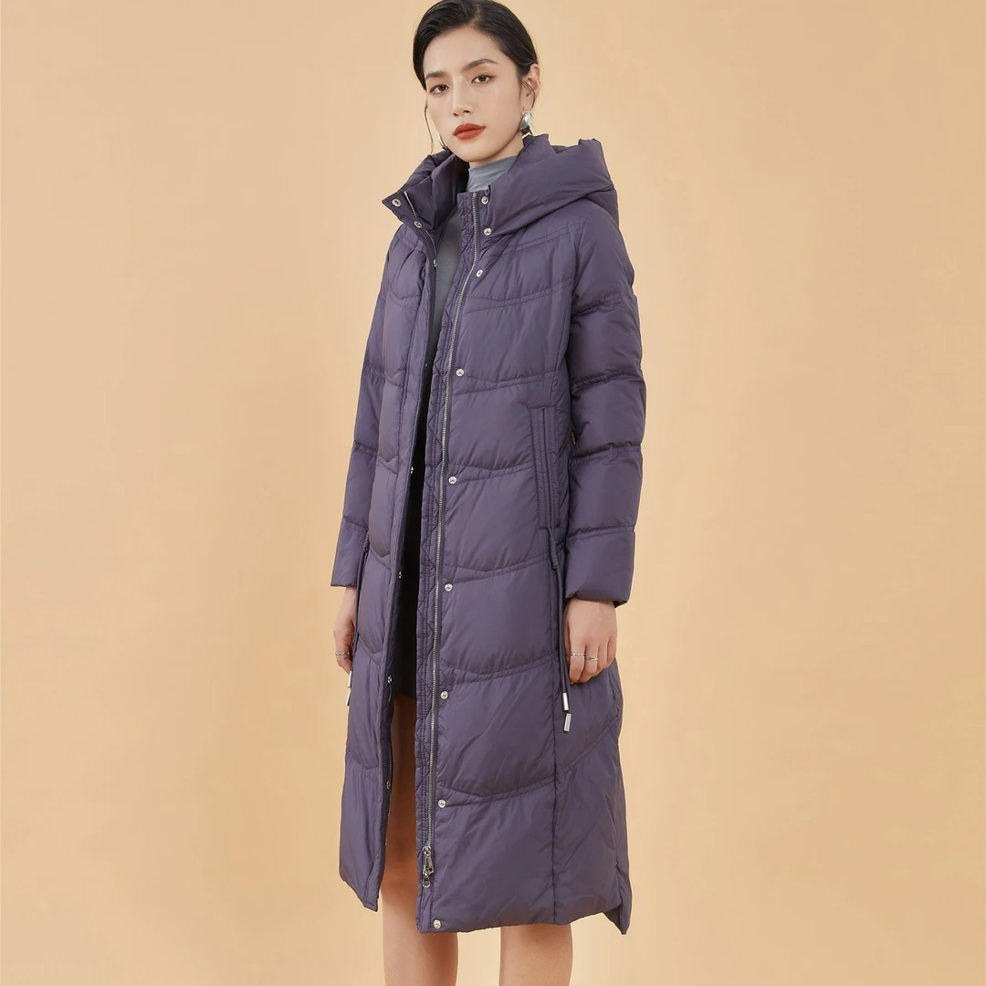 F28045长款气质连帽休闲90羽绒服女冬季时尚保暖防风修身中长款