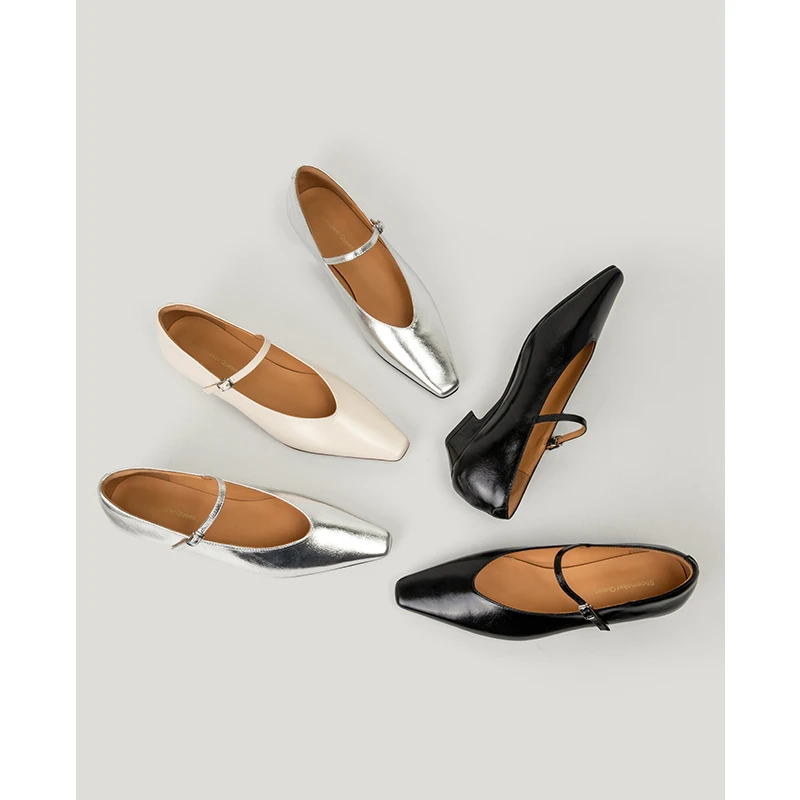 【鞋匠女王×高定好货】法式银色方头中跟玛丽珍女鞋粗跟浅口单鞋