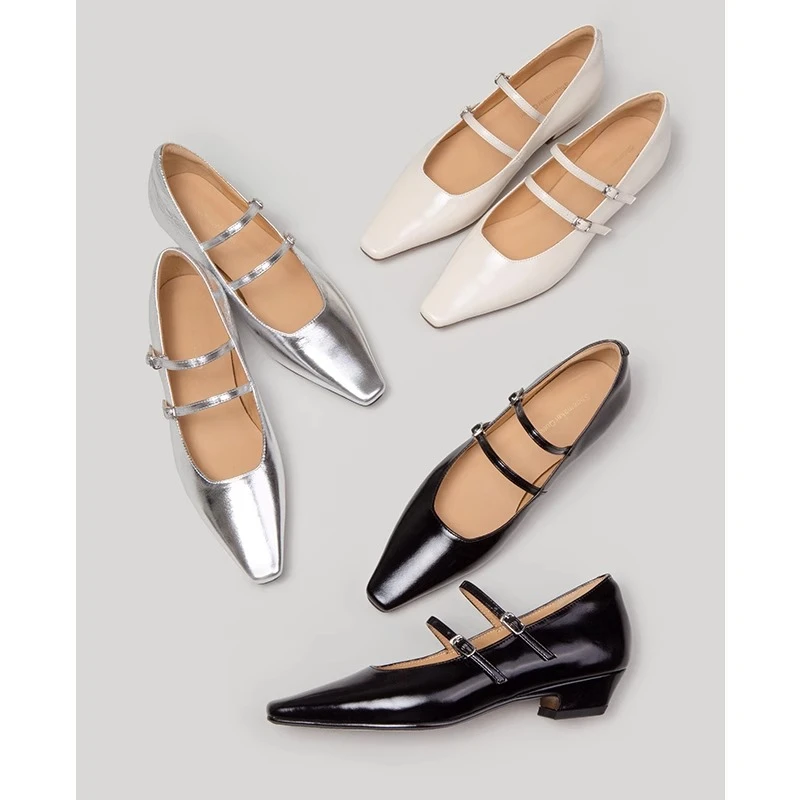 【鞋匠女王×经典实穿】法式方头中跟双带玛丽珍鞋女银色粗跟单鞋