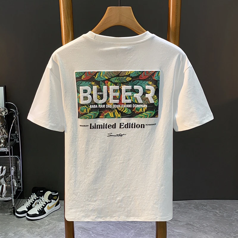 2024夏季新款潮牌网红宽松字母印花圆领短袖T恤男士棉质半袖体恤