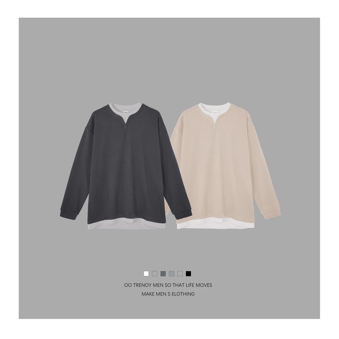 秋冬新品 - 糯米T假两件 长袖宽松百搭拼接设计感休闲纯色-Lulu