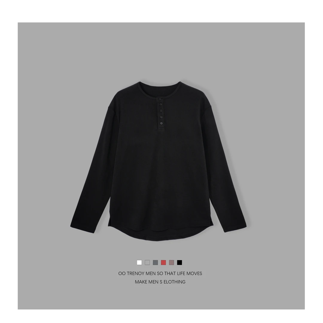 亨利领  高雅垂顺砂洗糯米T  老钱风纯色休闲纽扣上衣50370