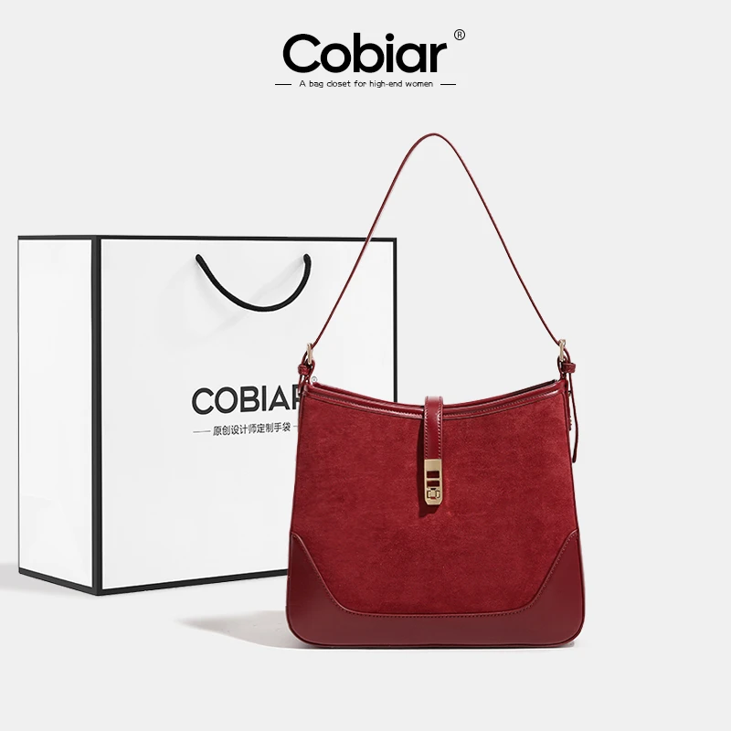 Cobiar高级感红色新娘包2025新款绒面腋下水桶包大容量单肩斜挎包