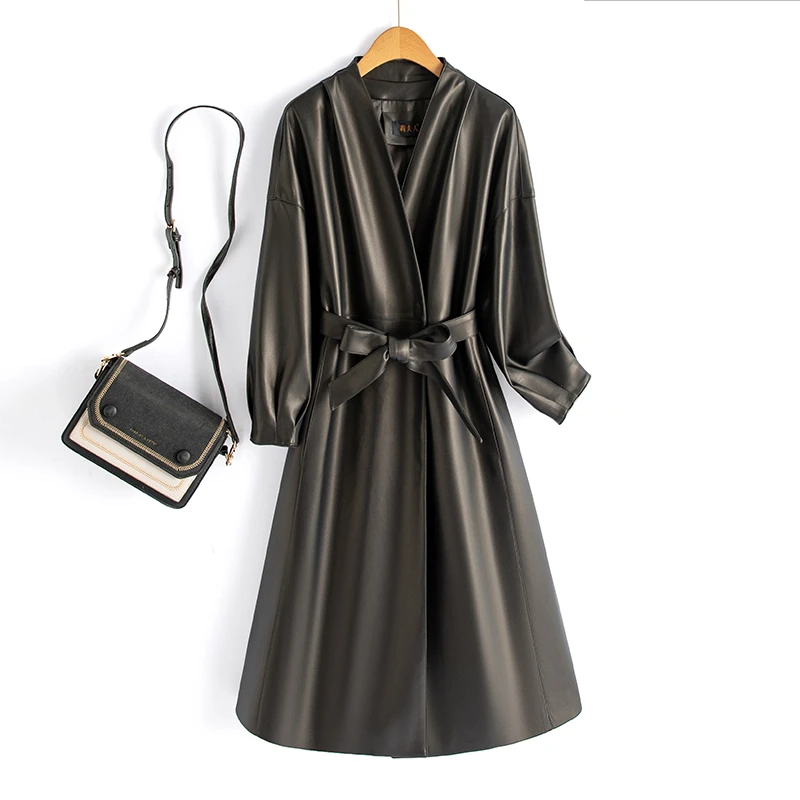 春秋新款2025海宁皮衣女中长款绵羊皮高端气质时尚皮风衣WHE-256#