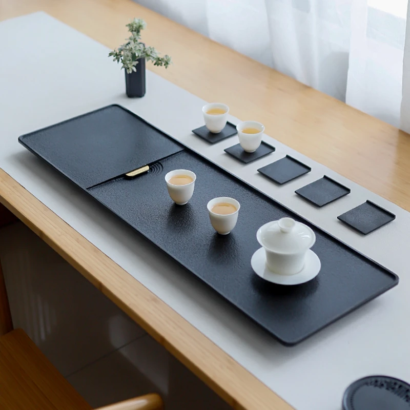 闻石心藏须弥天然石茶盘托盘轻奢简约茶台家用茶海黑色排水式泡台