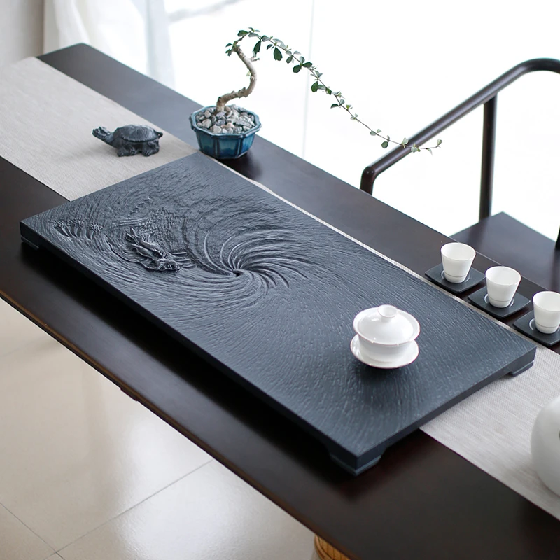 闻石龙跃于渊天然乌金石全手工茶盘龙吸水高端茶器新中式复古茶台
