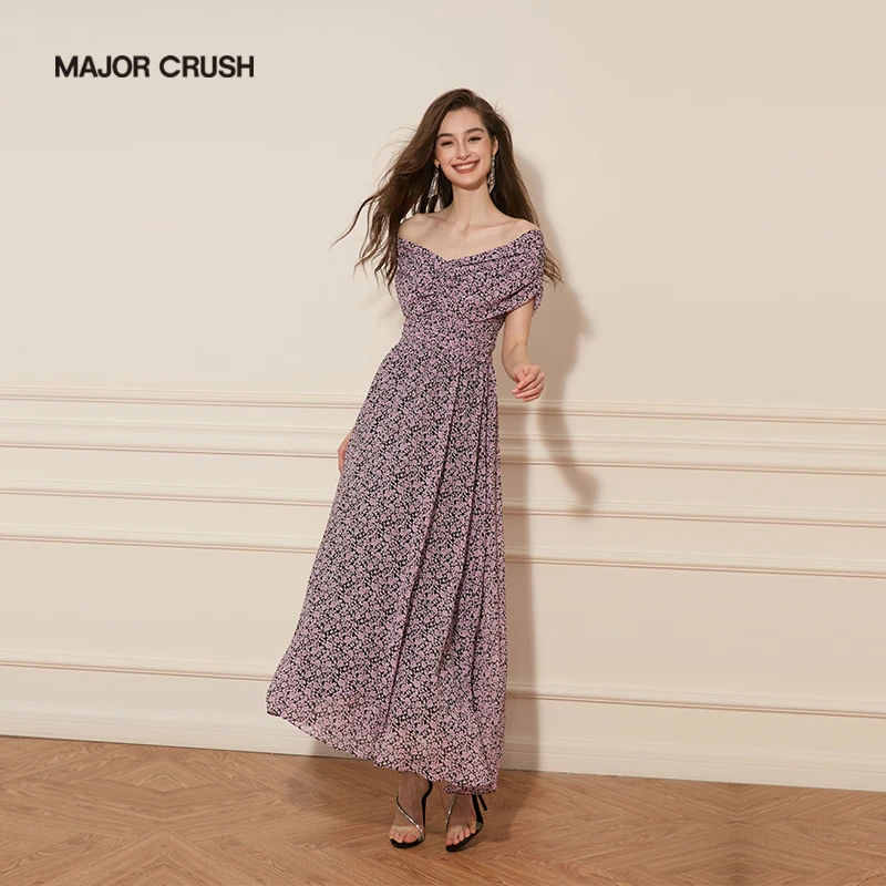 MAJOR CRUSH紫色碎花裙收腰显瘦茶歇裙方领连衣裙名媛气质4189
