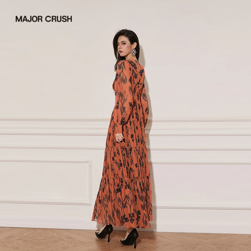 MAJOR CRUSH橘子晚霞连衣裙气质碎花收腰显瘦复古优雅斜裁6423
