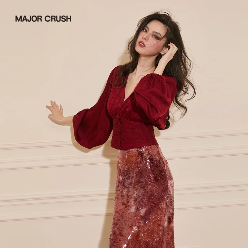 MAJOR CRUSH新款酒红暮光上衣酒红暮光半裙套装气质优雅64059