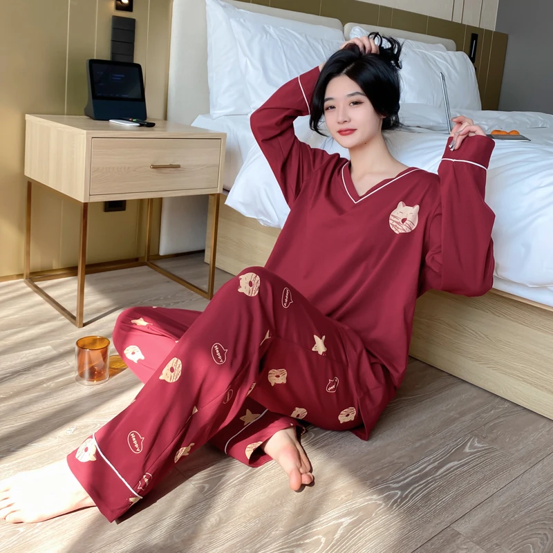 2023新款睡衣套装女大码胖mm200斤春秋季薄款长袖宽松v领家居服