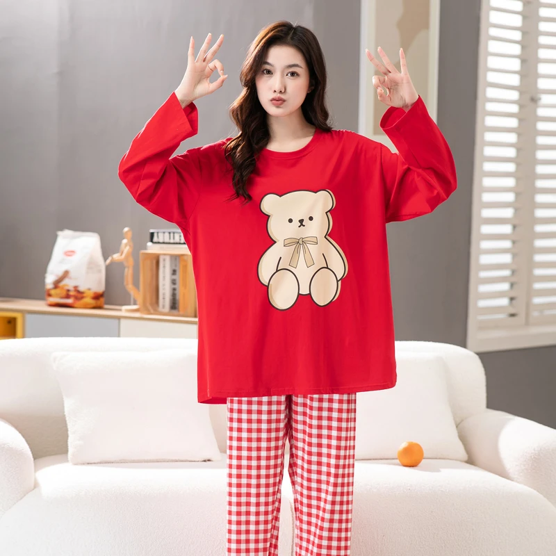 春秋大码睡衣女士卡通印花家居服套装薄款圆领长袖长裤休闲两件套