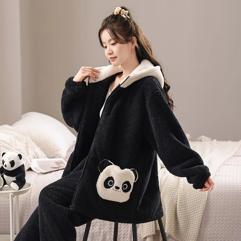 大码加绒加厚保暖睡衣冬季女士保暖绒连帽套装胖mm连帽刺绣家居服