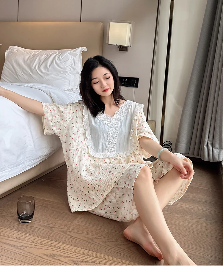 大码纯棉睡衣夏季女士薄款双层纱布家居服加肥短袖七分裤印花套装