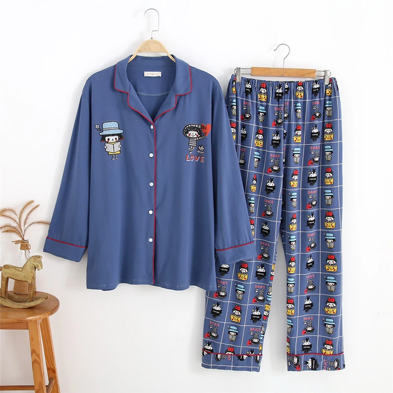 大码睡衣女春秋款翻领宽松卡通胖mm200-300斤长袖孕妇家居服套装