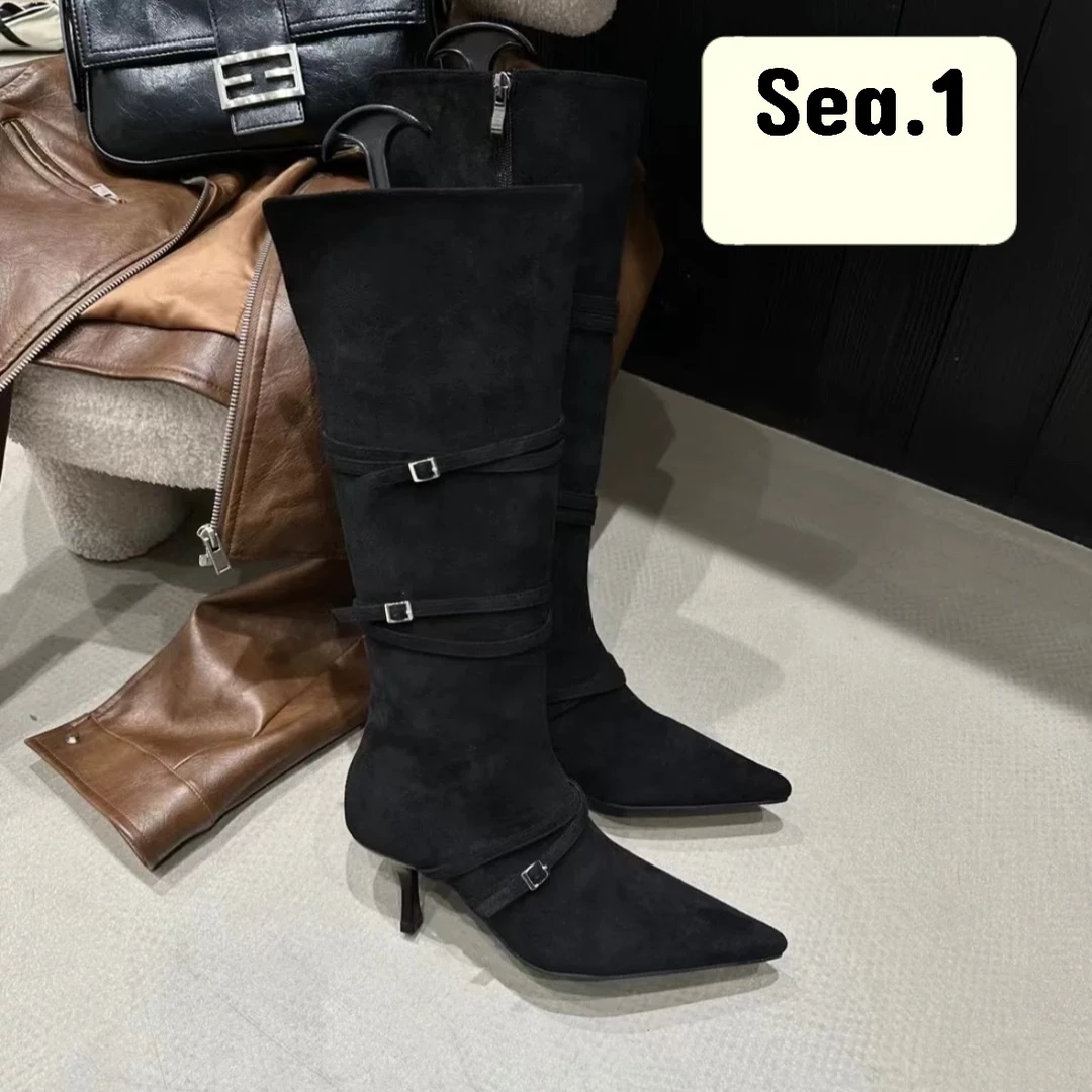 【Sea.1 x 时髦精长靴】细带尖头绒面细跟高筒靴不过膝高跟长靴女鞋