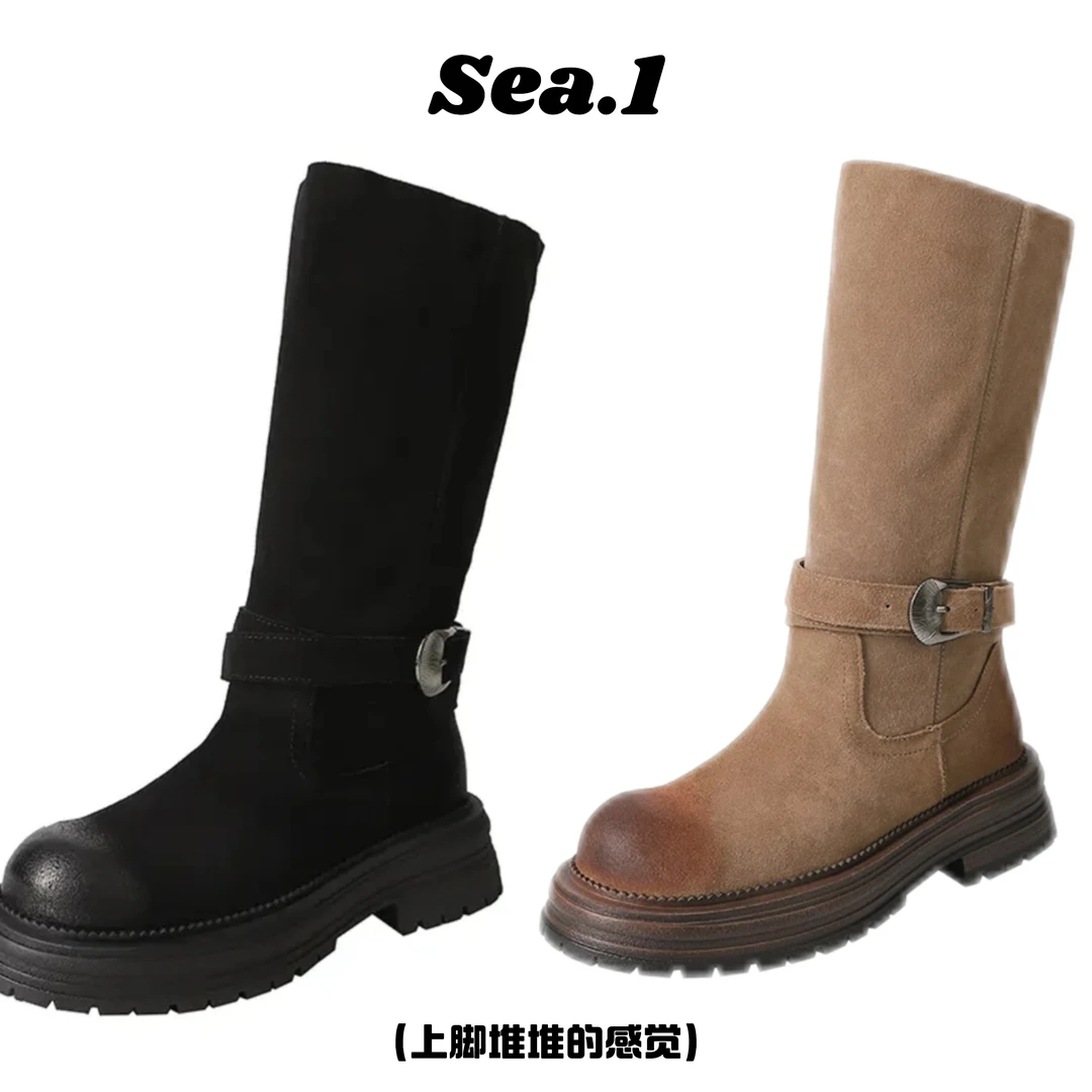 【Sea.1 x 英伦短靴】厚底堆堆靴皮带扣马丁靴女秋冬新款擦色骑士靴