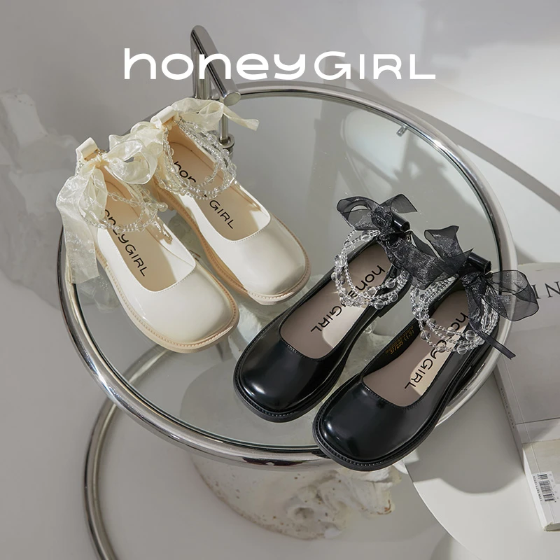 honeyGIRL水晶串玛丽珍女鞋2023春季平底鞋蝴蝶结丝带单鞋芭蕾鞋