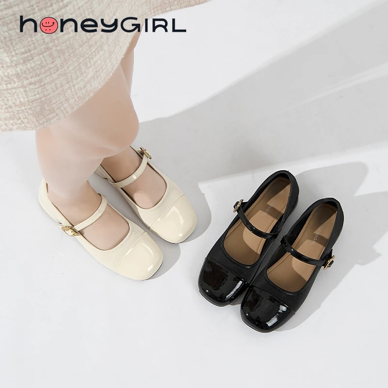 honeyGIRL百搭复古玛丽珍法式浅口粗跟单鞋方头女鞋单鞋平底软底