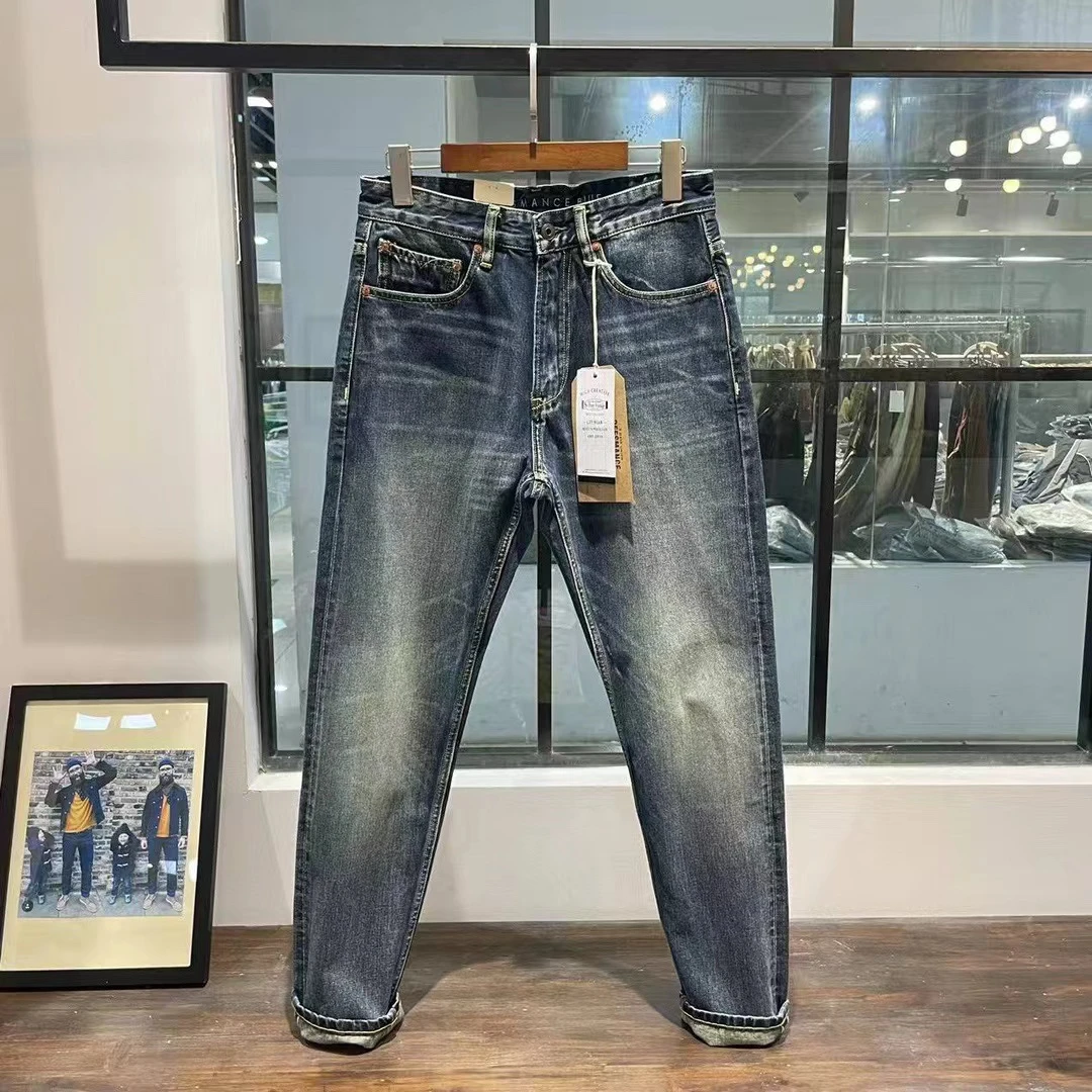5016-14oz赤耳丹宁秋冬经典做旧水洗牛仔裤男重磅小直浅蓝牛仔