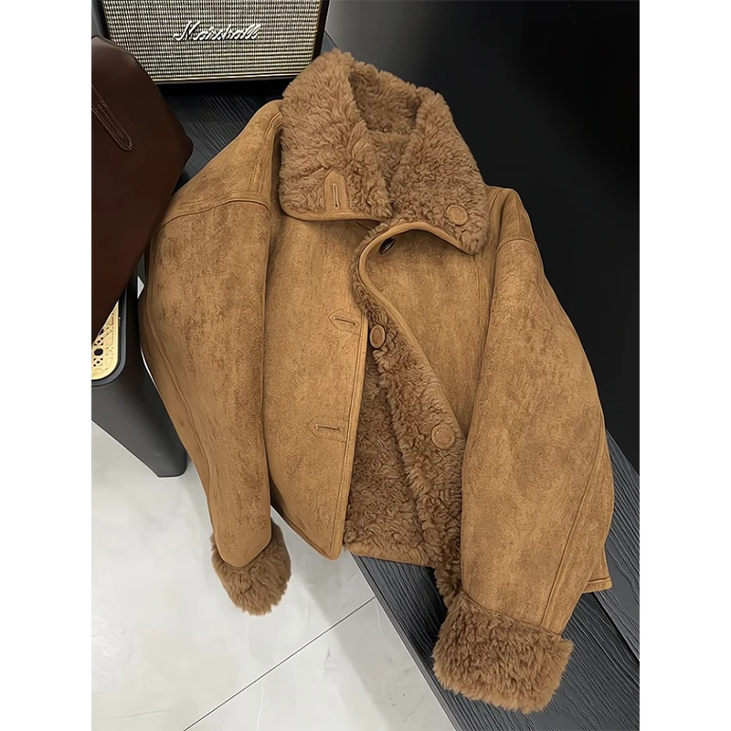 【红人上新】棕色美拉德设计感外套女冬季新款韩系小个子短款毛上衣