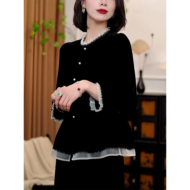新中式黑色荷叶边收腰衬衫2024女秋新款冷淡系高级感国风花边上衣