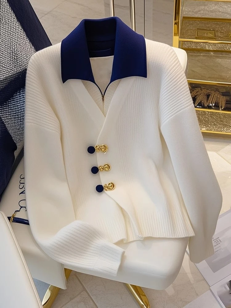 2024秋白色假两件针织衫内搭上衣高级感小香风新中式国风盘扣毛衣
