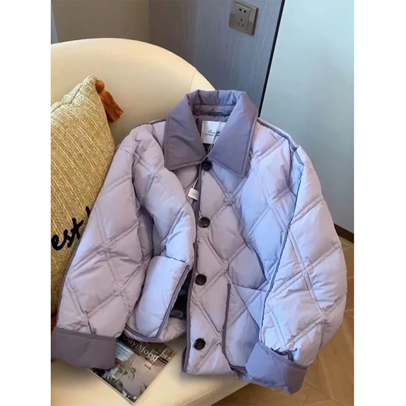 冬季百搭高级感翻领棉服女2024新款韩系小香风菱格棉衣外套超好看