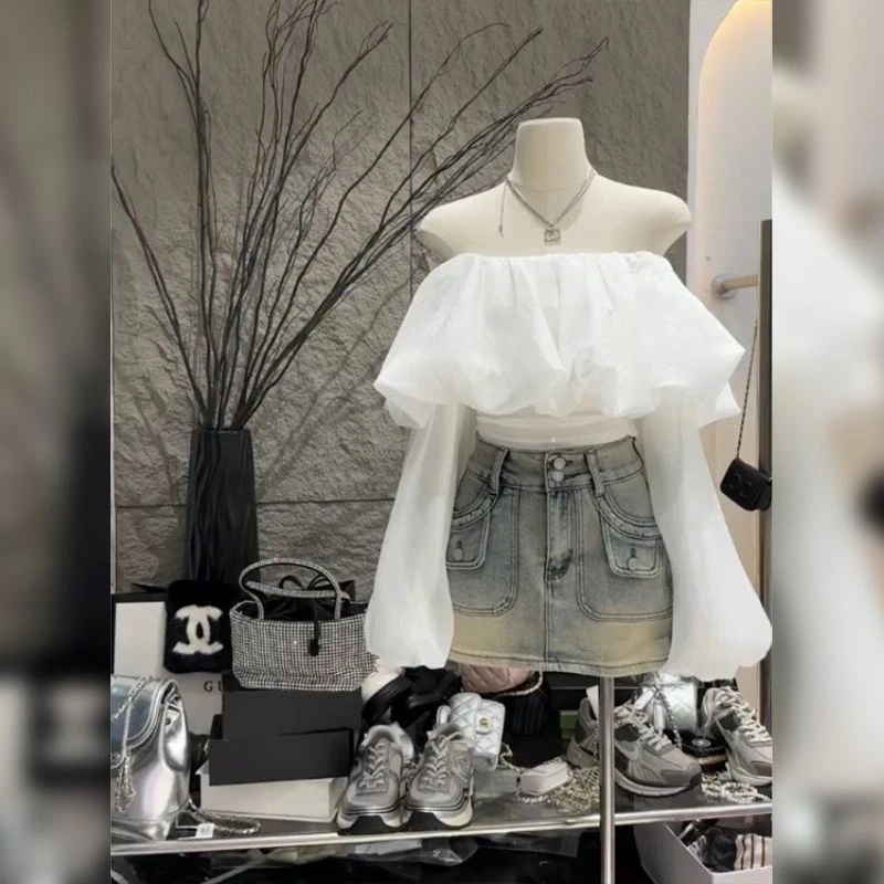 春季甜辣上衣女2024新款一字上衣纯欲显瘦高腰牛仔半身短裙两件套