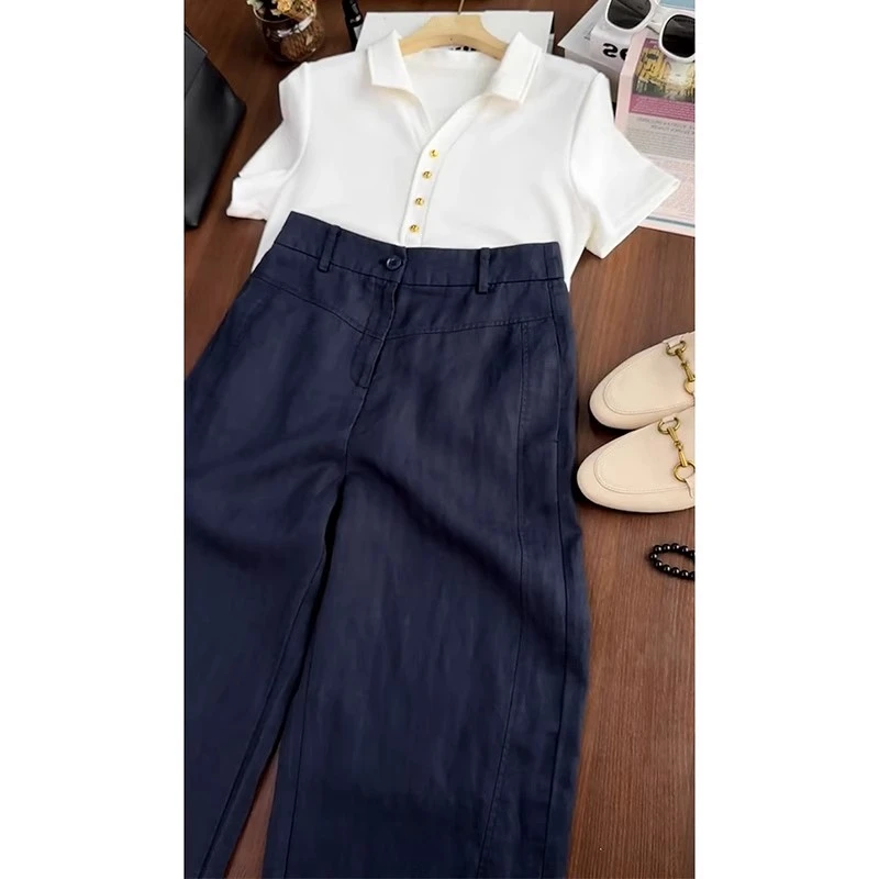 宝蓝色高腰休闲山本裤女夏季薄款小个子显高阔腿裤宽松垂感拖地裤