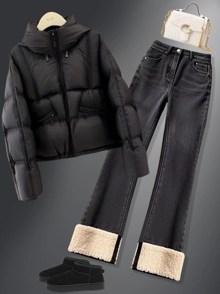时尚冬季穿搭一整套女2024年新款短款保暖棉服加绒牛仔裤两件套装