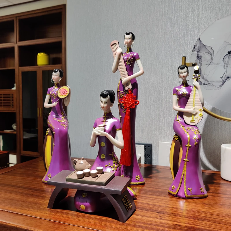 新中式创意家居古典旗袍陶瓷人物摆件客厅玄关博古架隔断装饰品