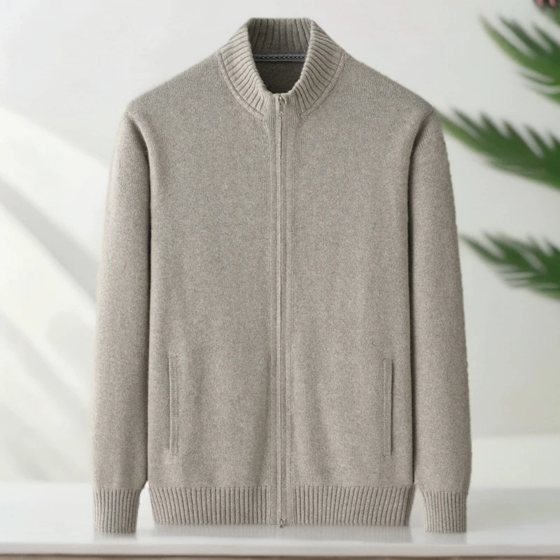 雍致-纯山羊绒半高领加厚男士针织长袖纯色保暖秋冬休闲开衫